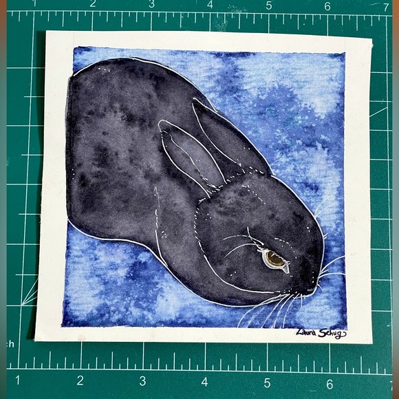Original art: Black Bunny watercolor with real minerals that glitters art ooak - Picture 3 of 4